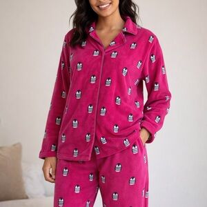 Claudel Pink Penguin Fleece Pajama Set Size Large Loungewear